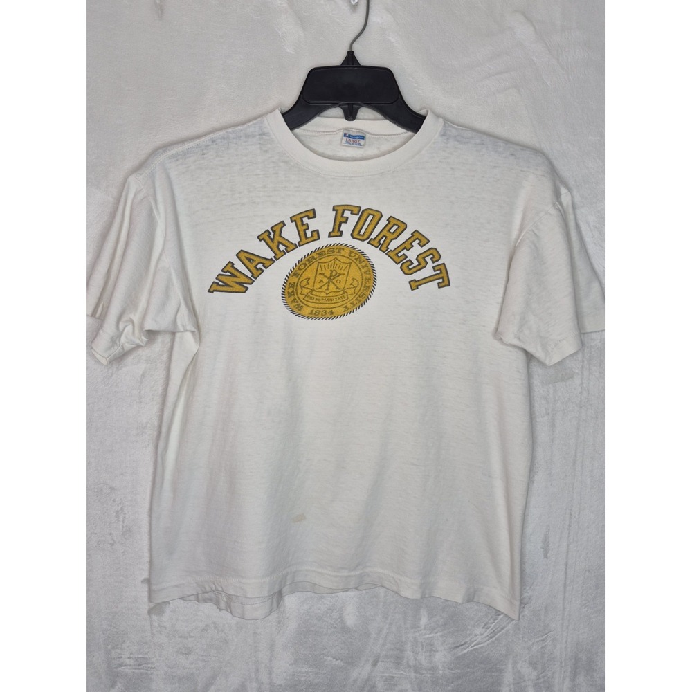 Vintage 70s Champion Blue Bar Wake Forest T Shirt USA Single Stitch White Mens L